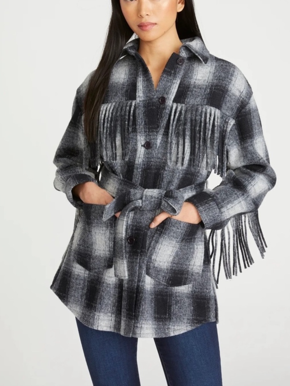 Driftwood Nico Fringe Jacket in Navy Plaid Size Large Tie Belt